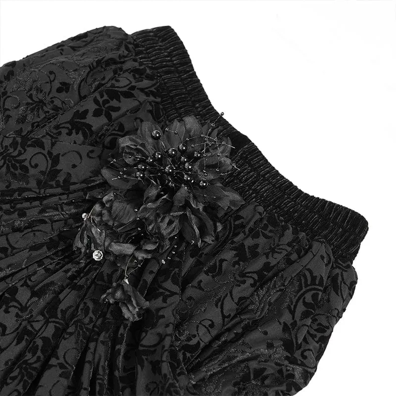 Gothic-Rock mit Blumenstickerei und Perlen für Damen, lang, Schwarz