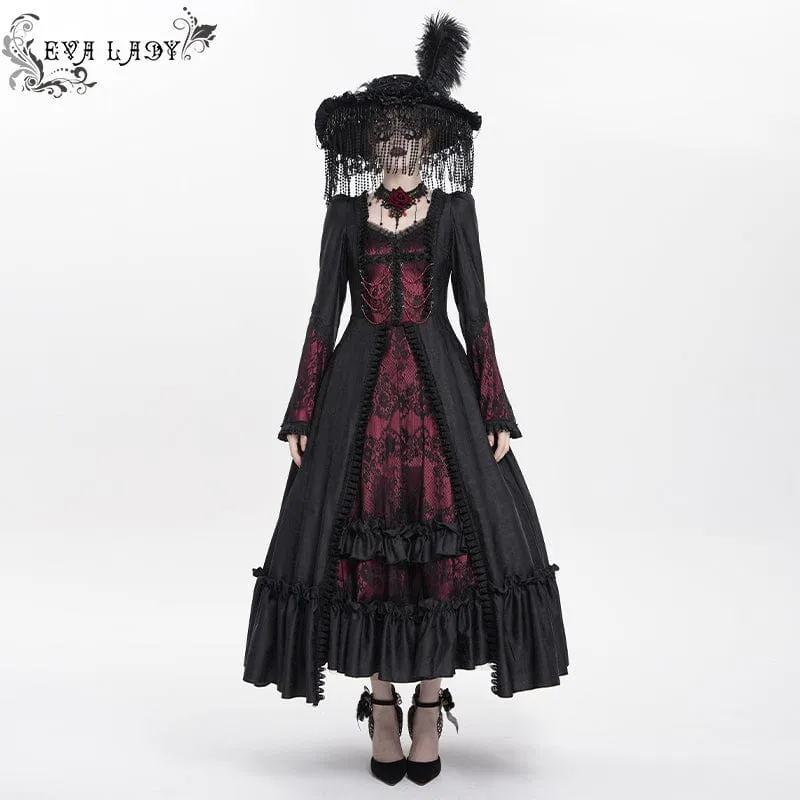 Rotes, gotisches Brautkleid mit Blumenstickerei, Raffungen, Schnürung und langen Ärmeln
