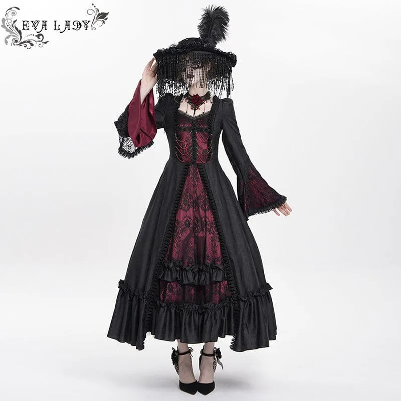 Rotes, gotisches Brautkleid mit Blumenstickerei, Raffungen, Schnürung und langen Ärmeln