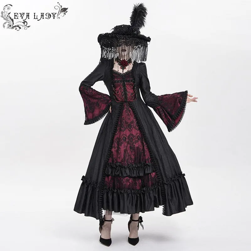 Rotes, gotisches Brautkleid mit Blumenstickerei, Raffungen, Schnürung und langen Ärmeln