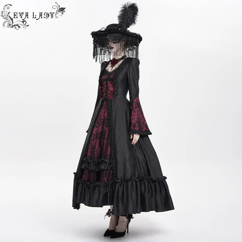 Rotes, gotisches Brautkleid mit Blumenstickerei, Raffungen, Schnürung und langen Ärmeln