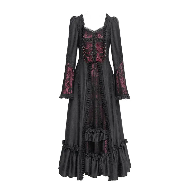 Rotes, gotisches Brautkleid mit Blumenstickerei, Raffungen, Schnürung und langen Ärmeln