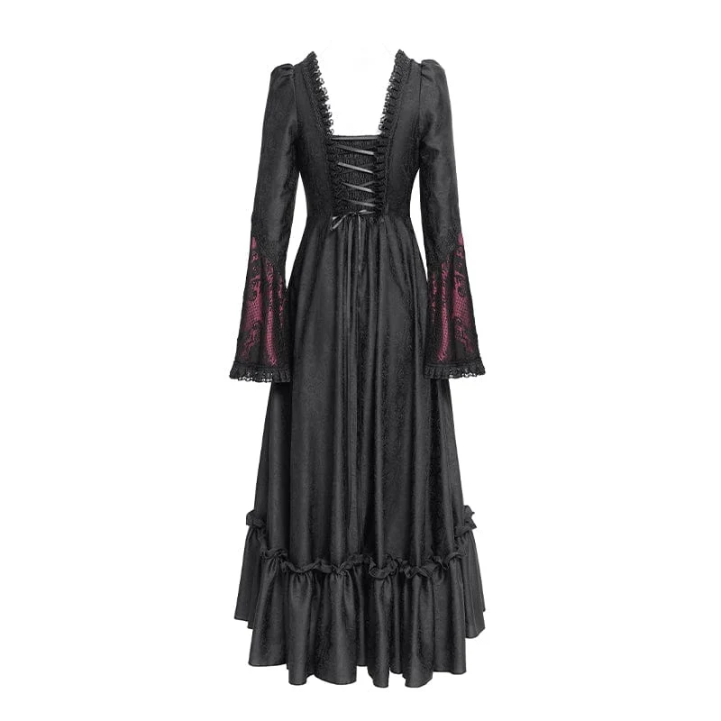 Rotes, gotisches Brautkleid mit Blumenstickerei, Raffungen, Schnürung und langen Ärmeln