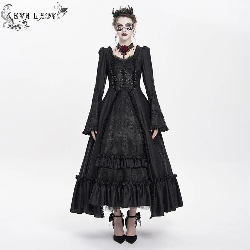 Schwarzes, gotisches Brautkleid mit Blumenstickerei, Raffungen, Schnürung und langen Ärmeln