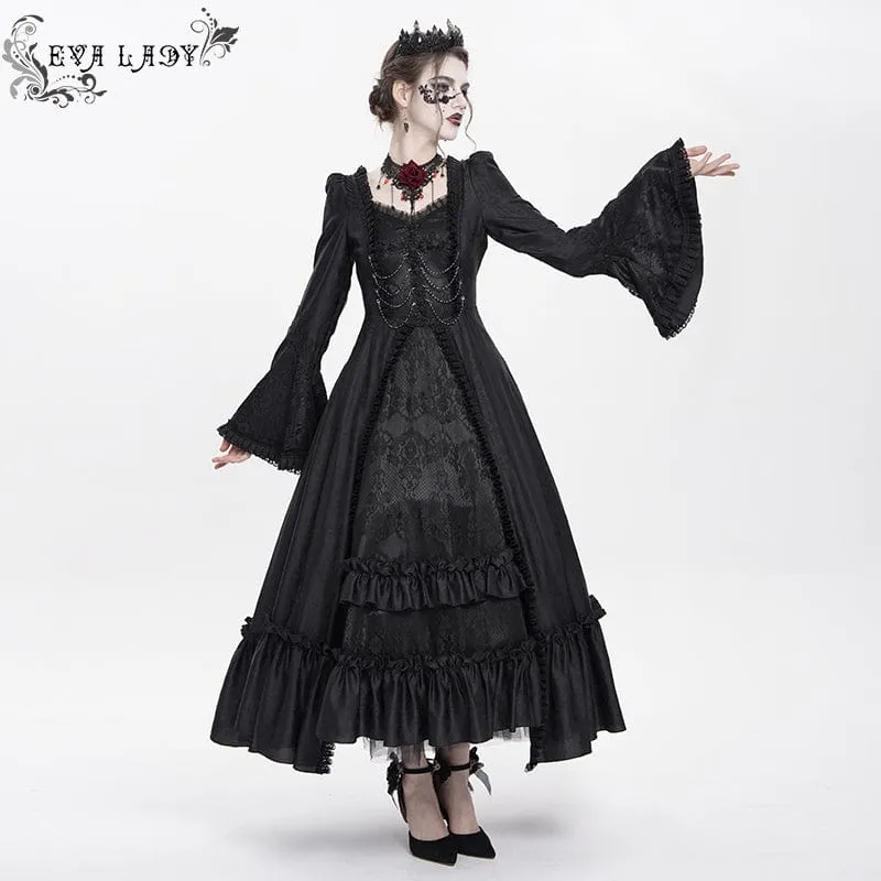 Schwarzes, gotisches Brautkleid mit Blumenstickerei, Raffungen, Schnürung und langen Ärmeln