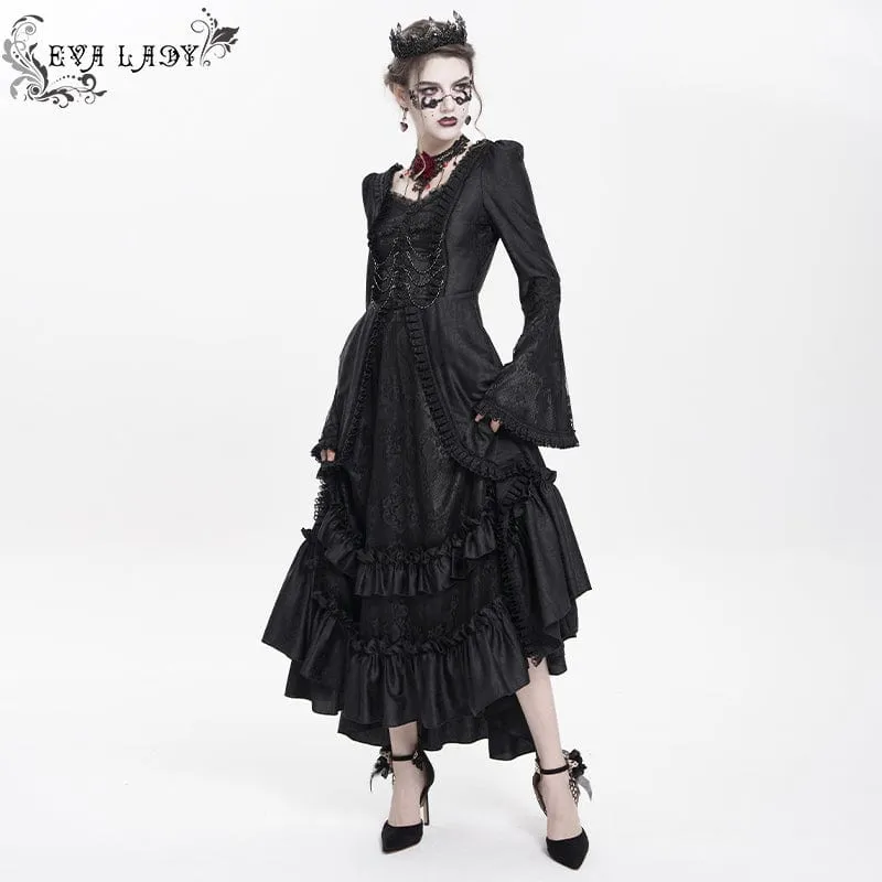 Schwarzes, gotisches Brautkleid mit Blumenstickerei, Raffungen, Schnürung und langen Ärmeln