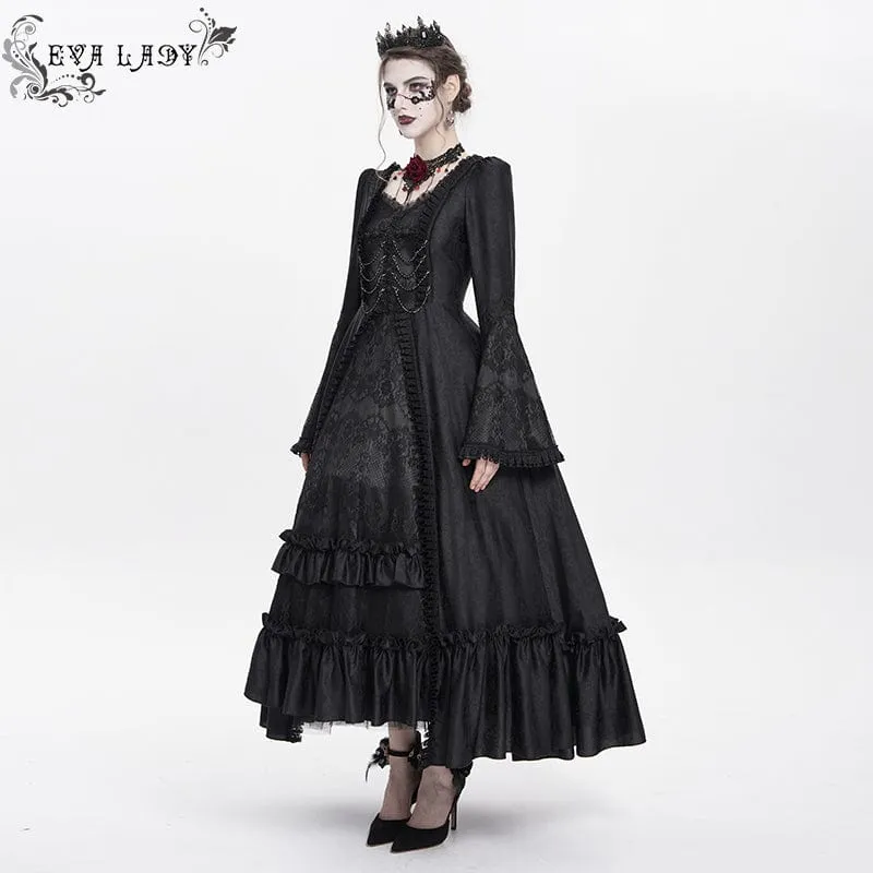 Schwarzes, gotisches Brautkleid mit Blumenstickerei, Raffungen, Schnürung und langen Ärmeln