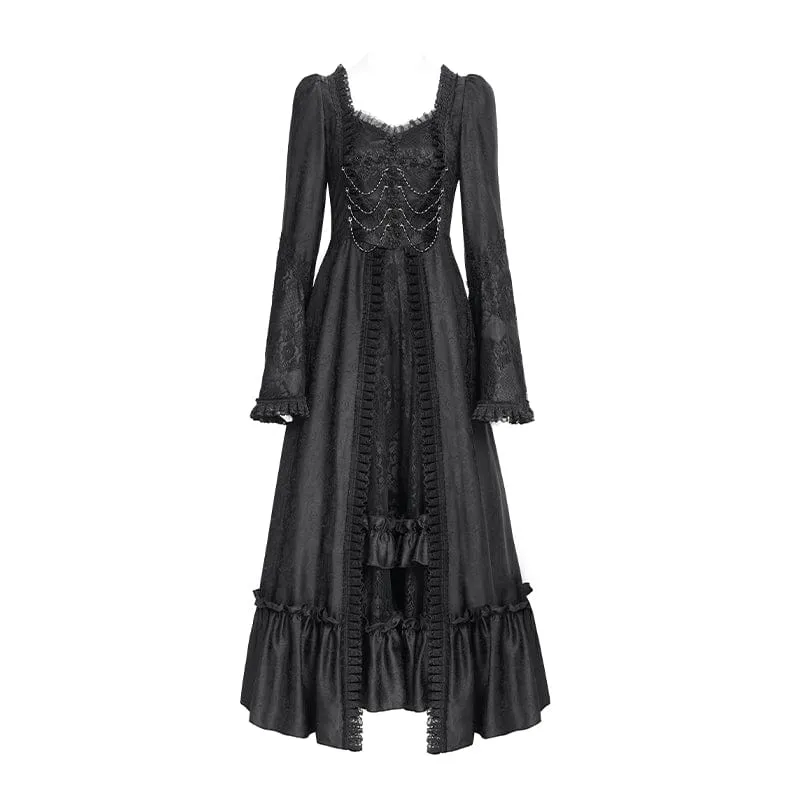 Schwarzes, gotisches Brautkleid mit Blumenstickerei, Raffungen, Schnürung und langen Ärmeln