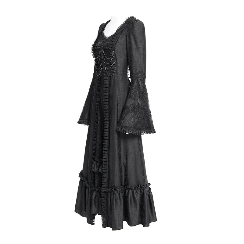 Schwarzes, gotisches Brautkleid mit Blumenstickerei, Raffungen, Schnürung und langen Ärmeln