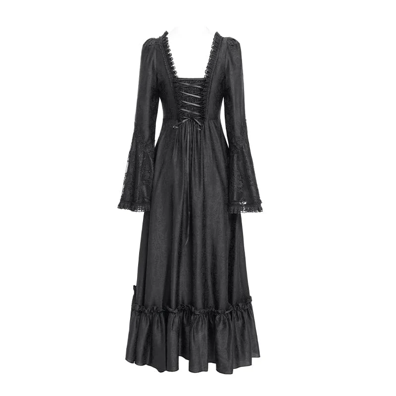 Schwarzes, gotisches Brautkleid mit Blumenstickerei, Raffungen, Schnürung und langen Ärmeln