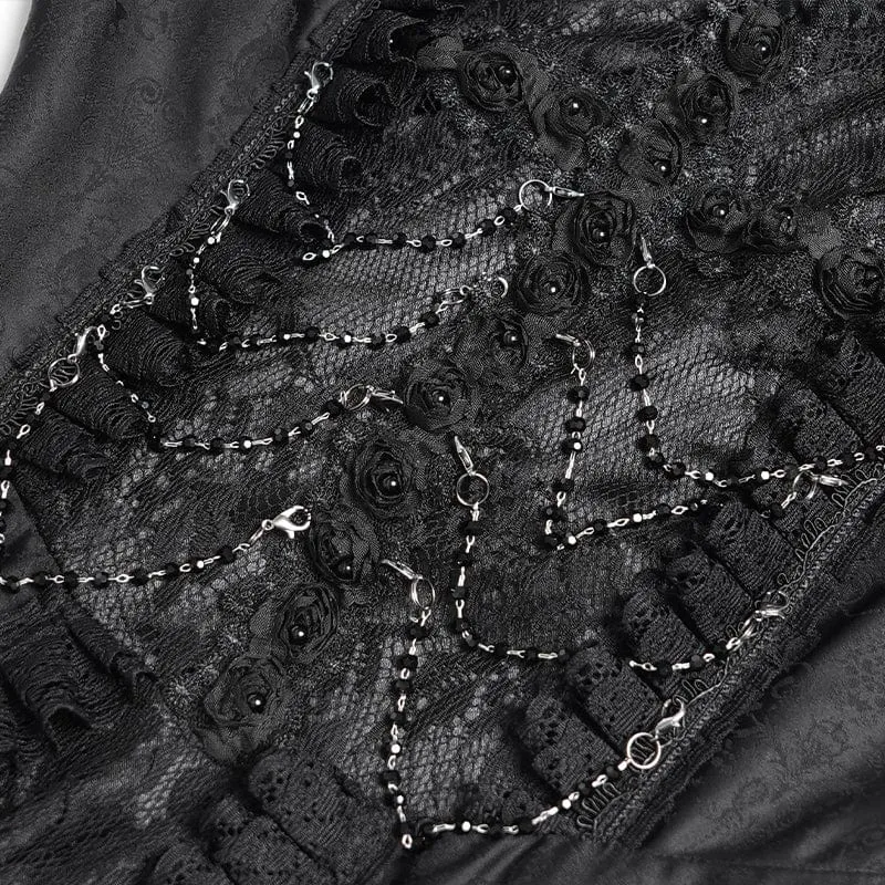 Schwarzes, gotisches Brautkleid mit Blumenstickerei, Raffungen, Schnürung und langen Ärmeln