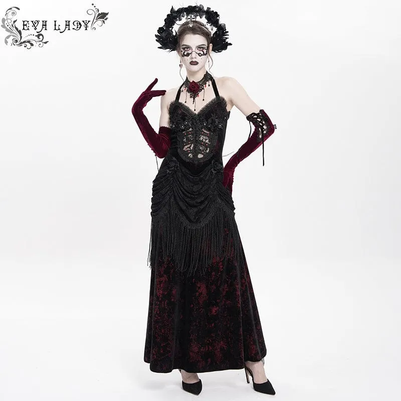 Rotes, gotisches Maxikleid mit Blumenmuster, Raffungen und Schnürung für Damen – ideal als Hochzeitskleid