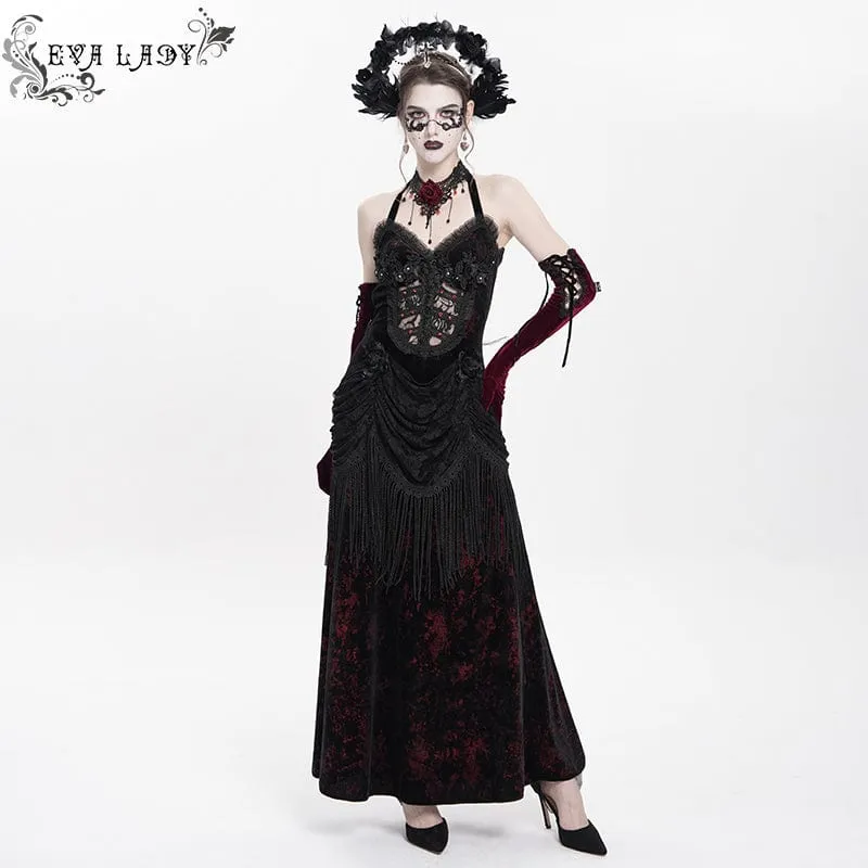 Rotes, gotisches Maxikleid mit Blumenmuster, Raffungen und Schnürung für Damen – ideal als Hochzeitskleid