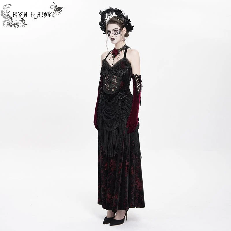 Rotes, gotisches Maxikleid mit Blumenmuster, Raffungen und Schnürung für Damen – ideal als Hochzeitskleid