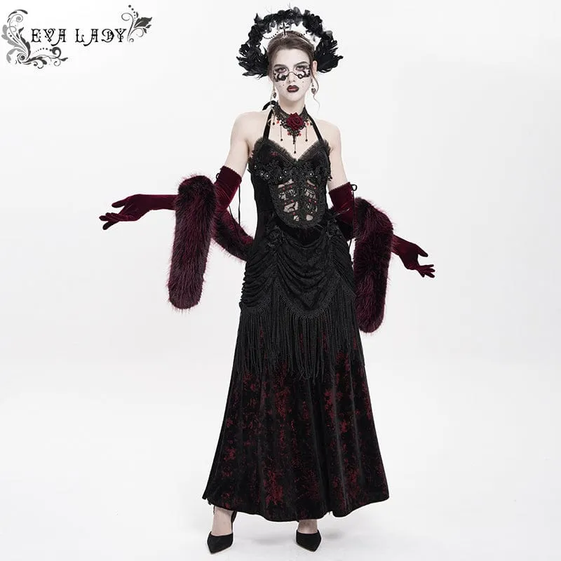 Rotes, gotisches Maxikleid mit Blumenmuster, Raffungen und Schnürung für Damen – ideal als Hochzeitskleid