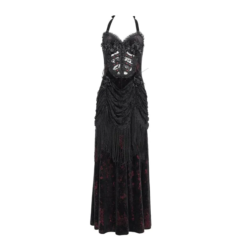 Rotes, gotisches Maxikleid mit Blumenmuster, Raffungen und Schnürung für Damen – ideal als Hochzeitskleid