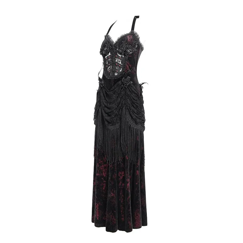 Rotes, gotisches Maxikleid mit Blumenmuster, Raffungen und Schnürung für Damen – ideal als Hochzeitskleid