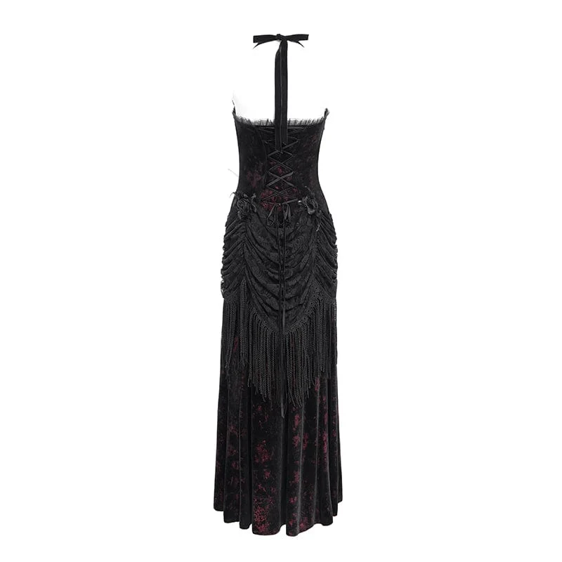 Rotes, gotisches Maxikleid mit Blumenmuster, Raffungen und Schnürung für Damen – ideal als Hochzeitskleid