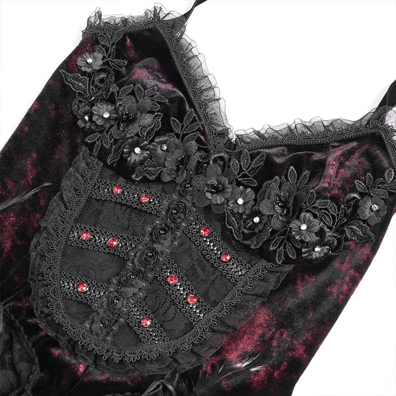 Rotes, gotisches Maxikleid mit Blumenmuster, Raffungen und Schnürung für Damen – ideal als Hochzeitskleid