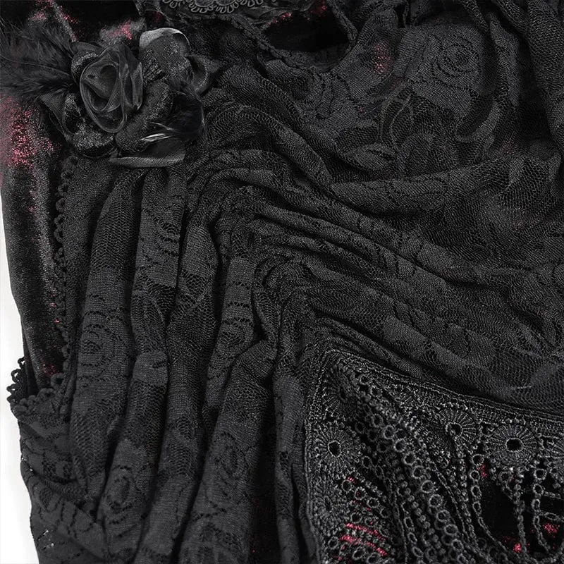 Rotes, gotisches Maxikleid mit Blumenmuster, Raffungen und Schnürung für Damen – ideal als Hochzeitskleid