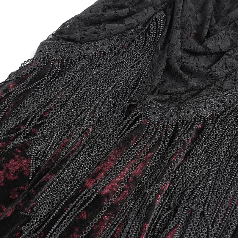 Rotes, gotisches Maxikleid mit Blumenmuster, Raffungen und Schnürung für Damen – ideal als Hochzeitskleid