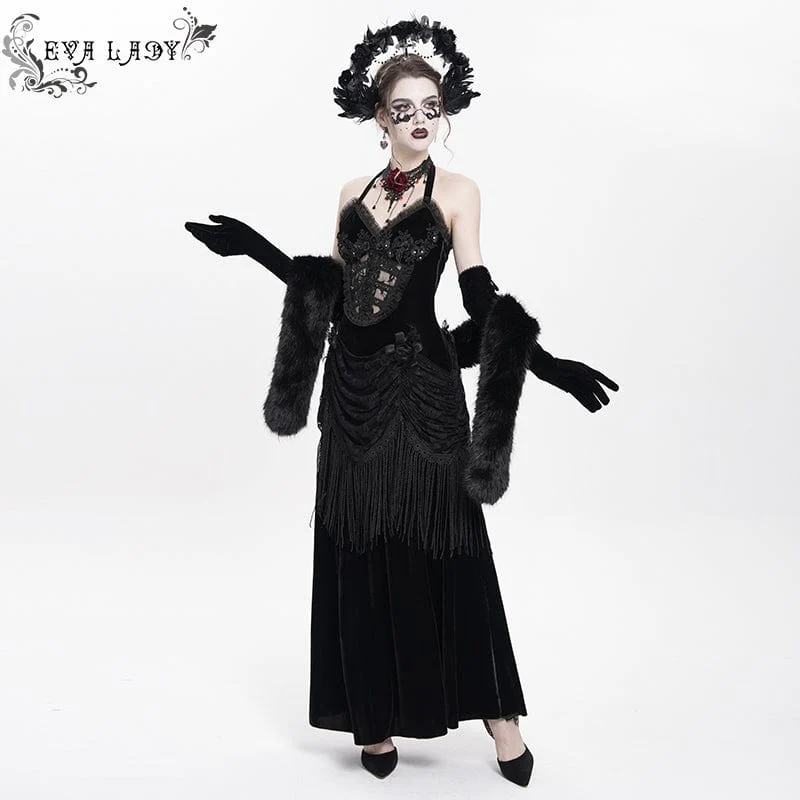 Schwarzes, gotisches Maxikleid mit Blumenmuster, Raffungen und Schnürung für Damen, ideal als Hochzeitskleid