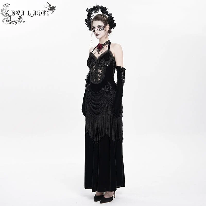 Schwarzes, gotisches Maxikleid mit Blumenmuster, Raffungen und Schnürung für Damen, ideal als Hochzeitskleid