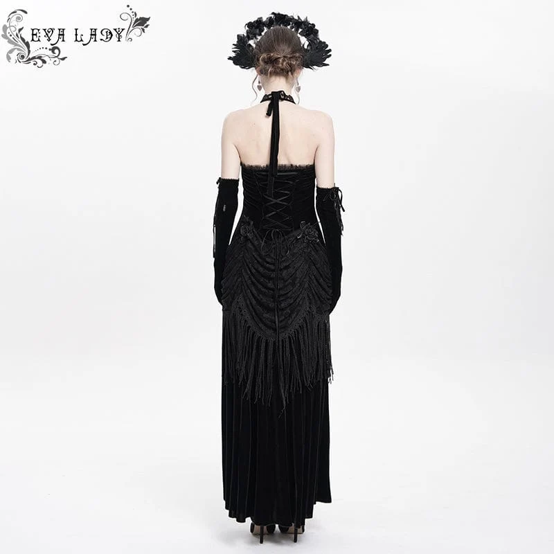 Schwarzes, gotisches Maxikleid mit Blumenmuster, Raffungen und Schnürung für Damen, ideal als Hochzeitskleid