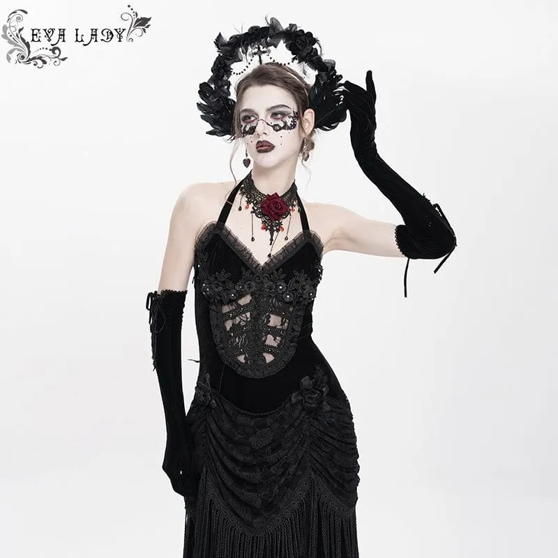 Schwarzes, gotisches Maxikleid mit Blumenmuster, Raffungen und Schnürung für Damen, ideal als Hochzeitskleid