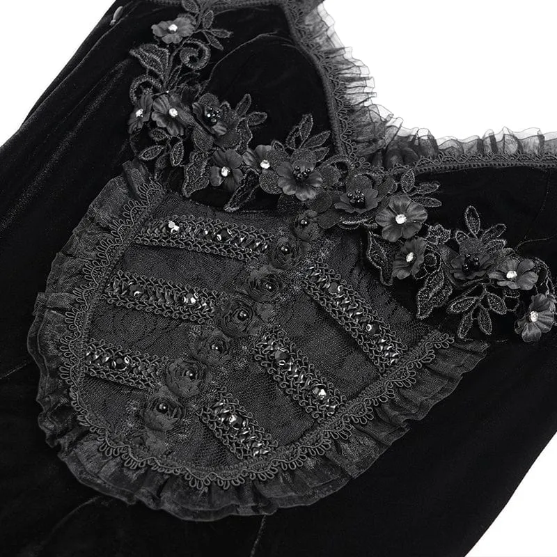 Schwarzes, gotisches Maxikleid mit Blumenmuster, Raffungen und Schnürung für Damen, ideal als Hochzeitskleid