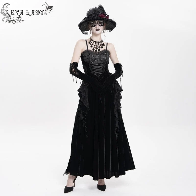 Gothic-Schnürkleid aus Samt mit Federn, langes Unterkleid für Damen, Hochzeitskleid
