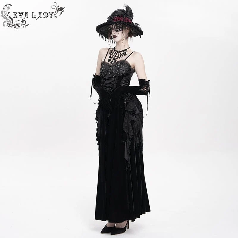 Gothic-Schnürkleid aus Samt mit Federn, langes Unterkleid für Damen, Hochzeitskleid