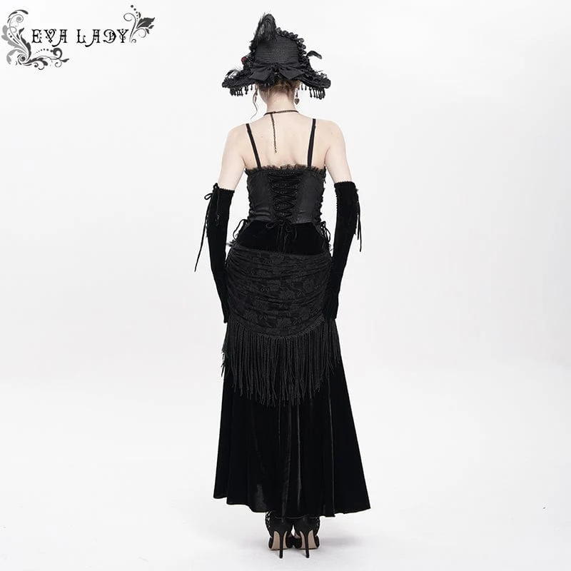 Gothic-Schnürkleid aus Samt mit Federn, langes Unterkleid für Damen, Hochzeitskleid