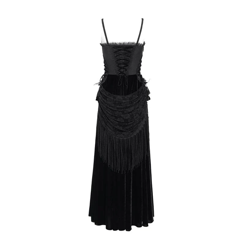Gothic-Schnürkleid aus Samt mit Federn, langes Unterkleid für Damen, Hochzeitskleid