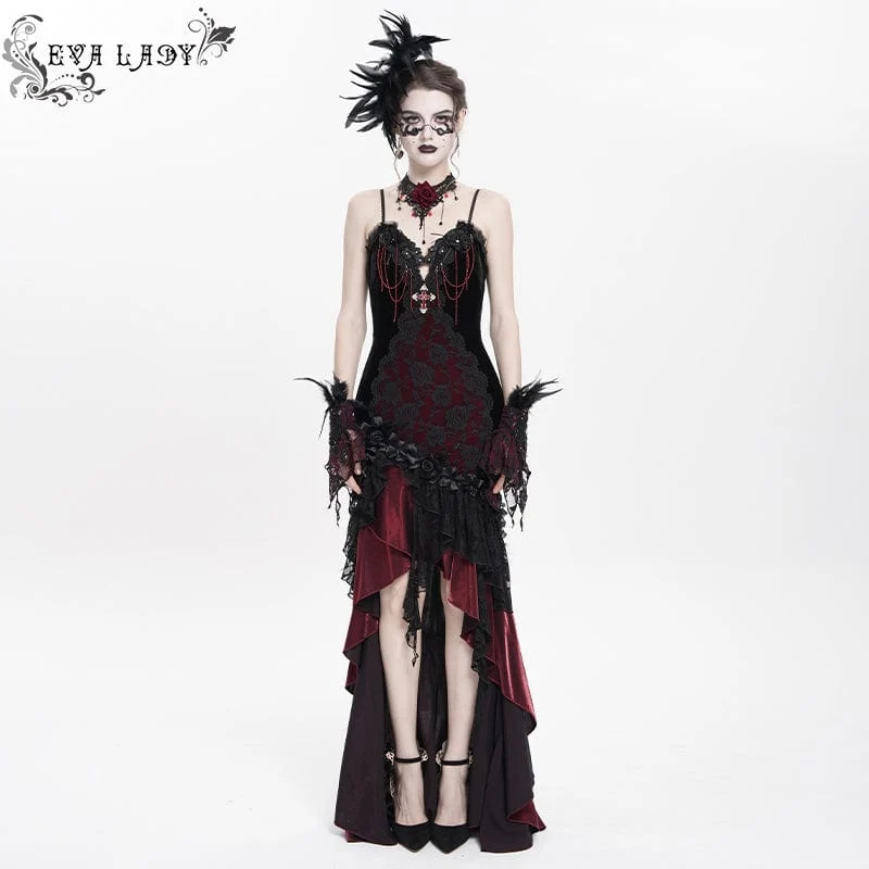 Rotes, langes, gotisches Unterkleid mit Blumenstickerei, Kreuzrüschen und Rüschen für Damen – ideal als Hochzeitskleid