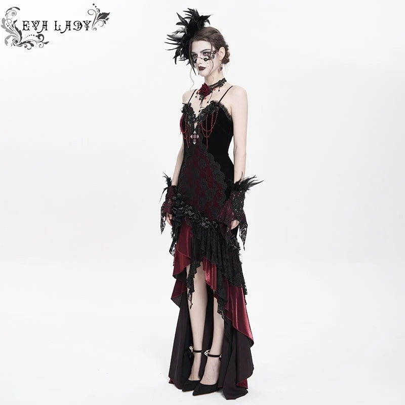 Rotes, langes, gotisches Unterkleid mit Blumenstickerei, Kreuzrüschen und Rüschen für Damen – ideal als Hochzeitskleid