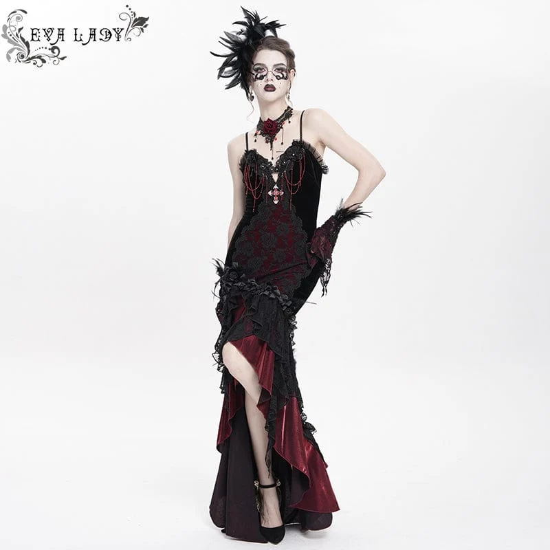 Rotes, langes, gotisches Unterkleid mit Blumenstickerei, Kreuzrüschen und Rüschen für Damen – ideal als Hochzeitskleid