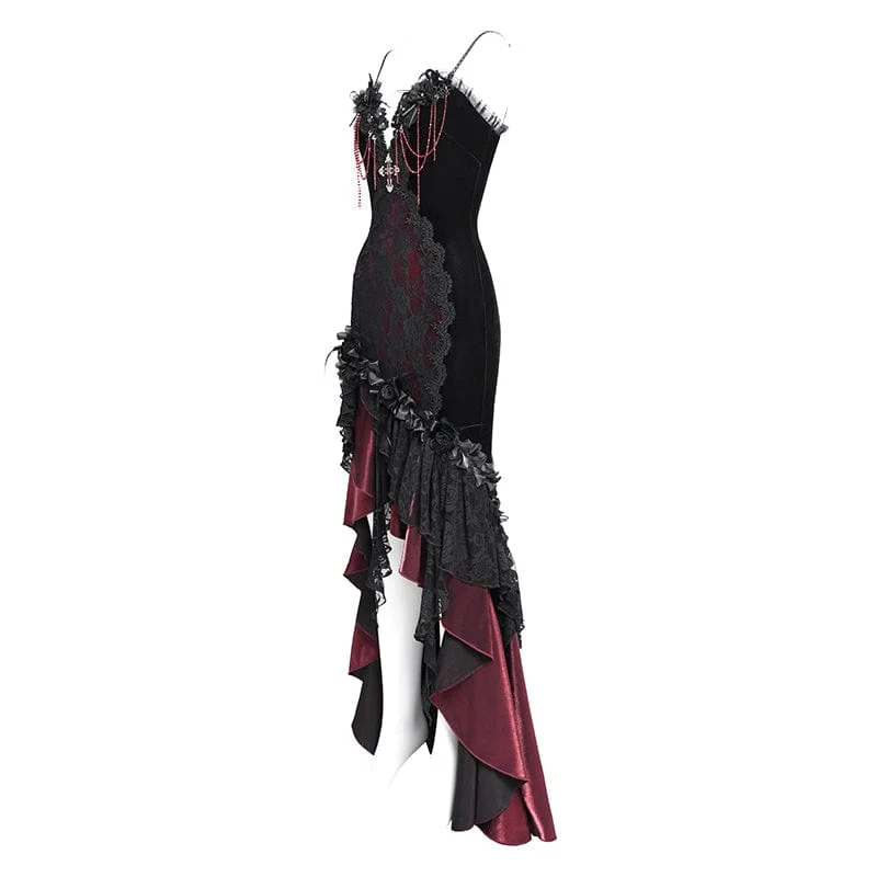 Rotes, langes, gotisches Unterkleid mit Blumenstickerei, Kreuzrüschen und Rüschen für Damen – ideal als Hochzeitskleid