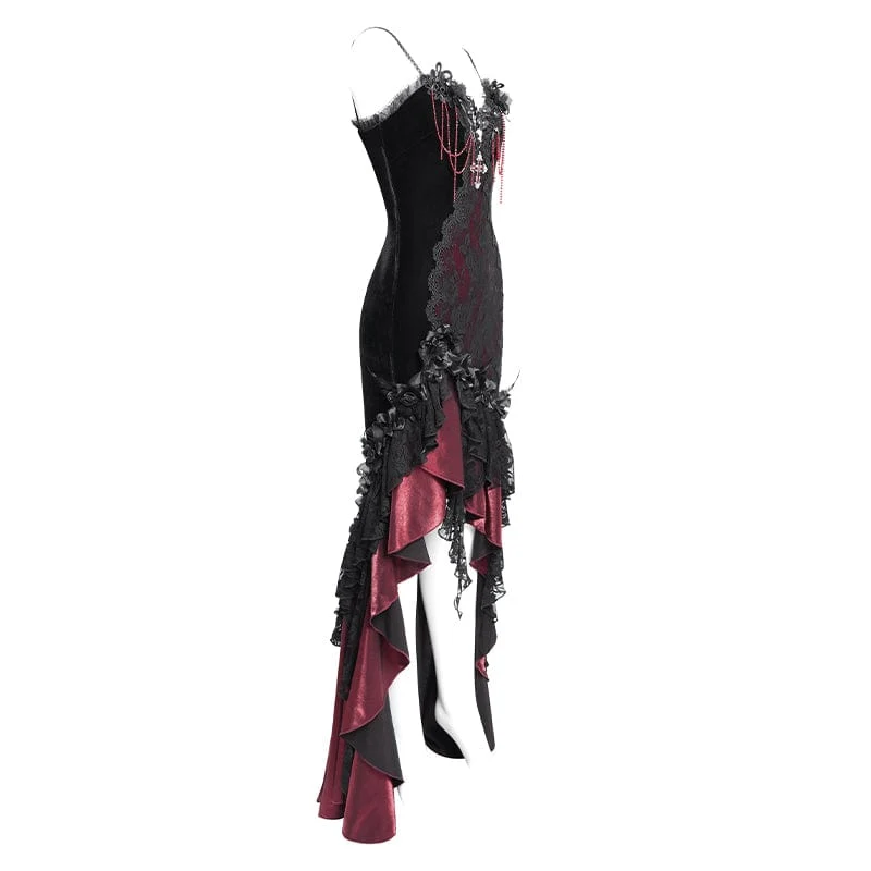 Rotes, langes, gotisches Unterkleid mit Blumenstickerei, Kreuzrüschen und Rüschen für Damen – ideal als Hochzeitskleid