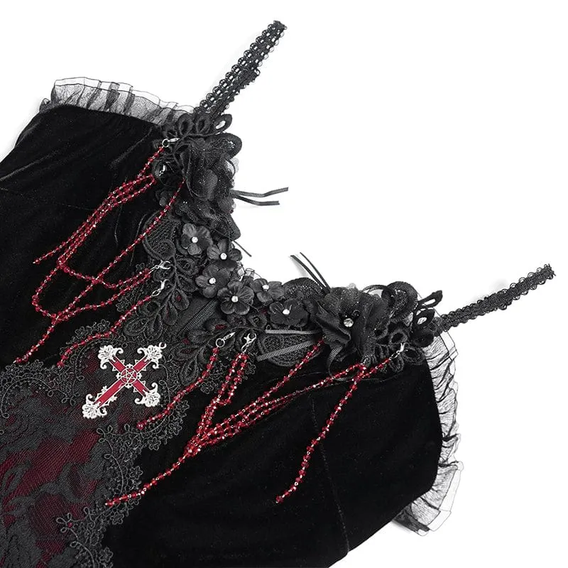 Rotes, langes, gotisches Unterkleid mit Blumenstickerei, Kreuzrüschen und Rüschen für Damen – ideal als Hochzeitskleid