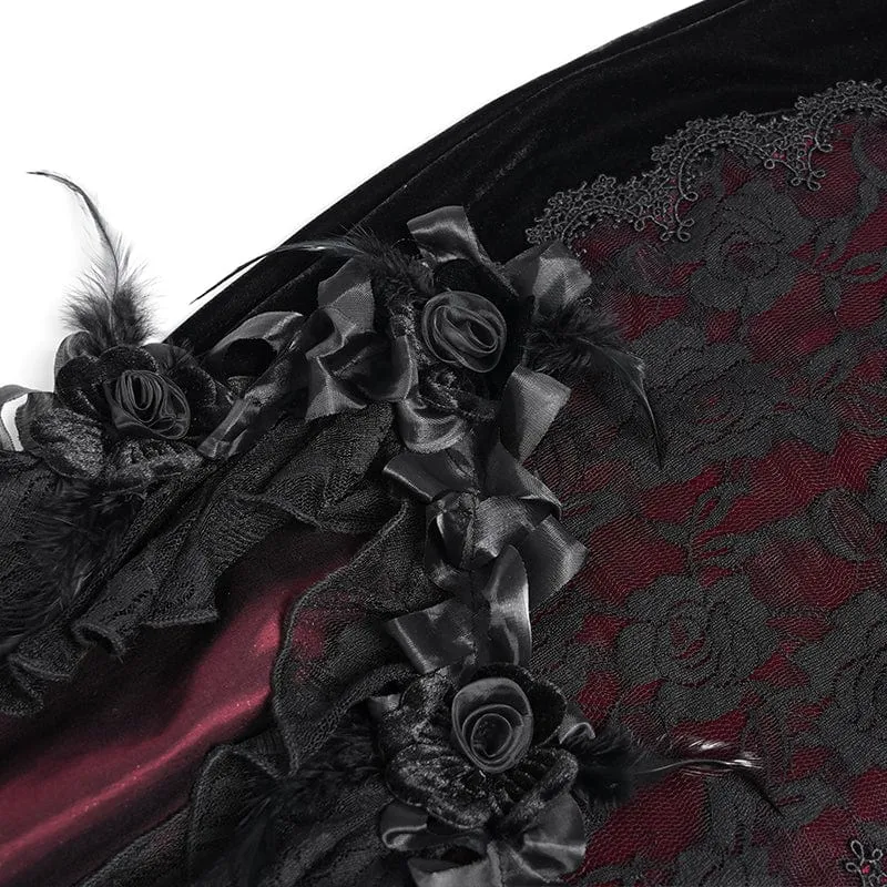Rotes, langes, gotisches Unterkleid mit Blumenstickerei, Kreuzrüschen und Rüschen für Damen – ideal als Hochzeitskleid