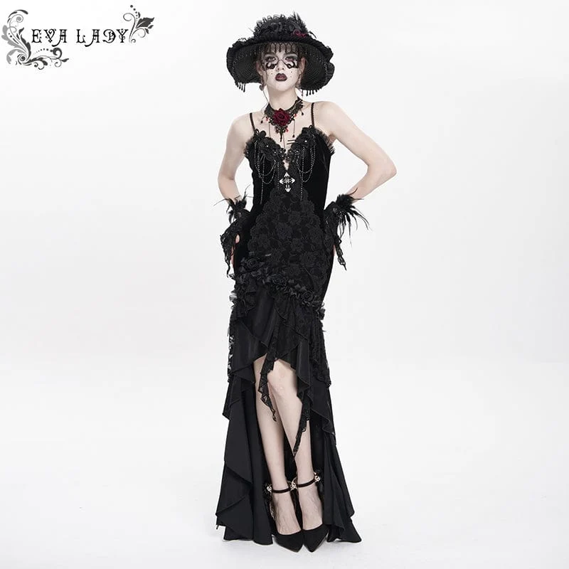 Schwarzes, langes, gotisches Unterkleid mit Blumenstickerei, Kreuzrüschen und Rüschen für Damen – ideal als Hochzeitskleid