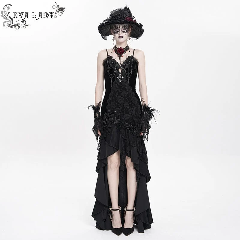 Schwarzes, langes, gotisches Unterkleid mit Blumenstickerei, Kreuzrüschen und Rüschen für Damen – ideal als Hochzeitskleid