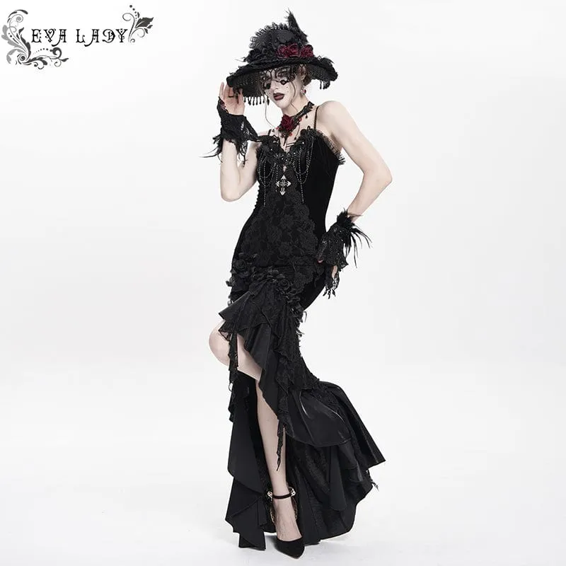 Schwarzes, langes, gotisches Unterkleid mit Blumenstickerei, Kreuzrüschen und Rüschen für Damen – ideal als Hochzeitskleid