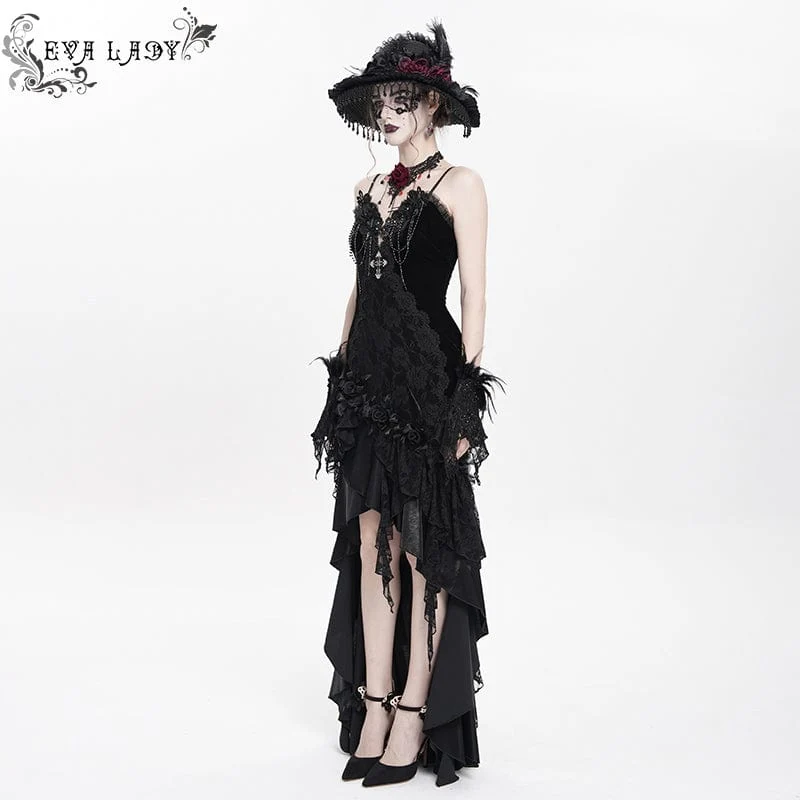 Schwarzes, langes, gotisches Unterkleid mit Blumenstickerei, Kreuzrüschen und Rüschen für Damen – ideal als Hochzeitskleid