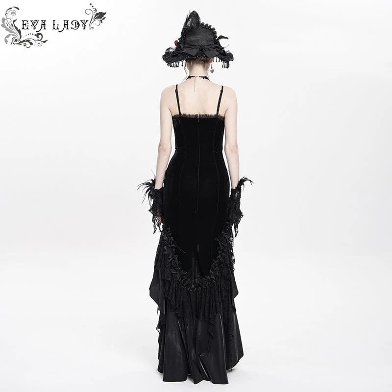 Schwarzes, langes, gotisches Unterkleid mit Blumenstickerei, Kreuzrüschen und Rüschen für Damen – ideal als Hochzeitskleid