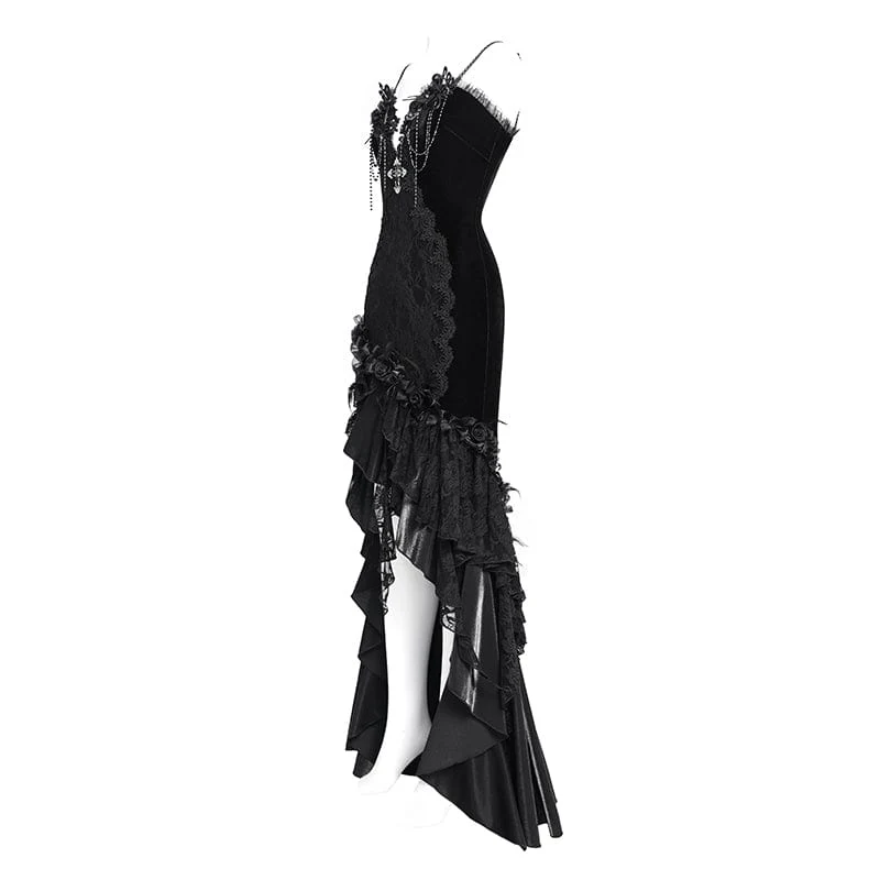 Schwarzes, langes, gotisches Unterkleid mit Blumenstickerei, Kreuzrüschen und Rüschen für Damen – ideal als Hochzeitskleid