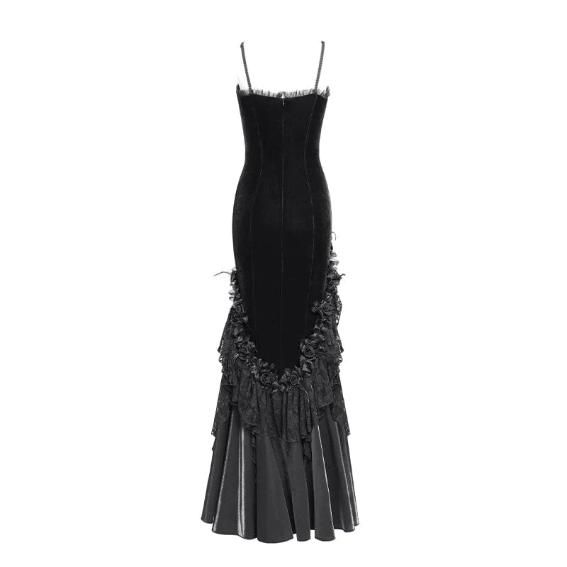 Schwarzes, langes, gotisches Unterkleid mit Blumenstickerei, Kreuzrüschen und Rüschen für Damen – ideal als Hochzeitskleid