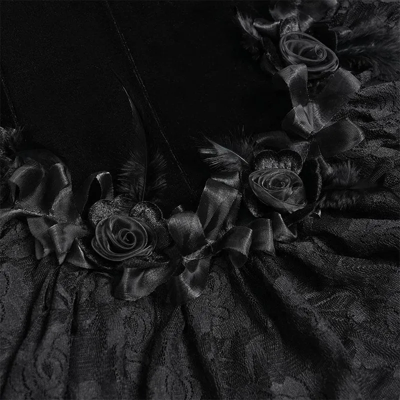 Schwarzes, langes, gotisches Unterkleid mit Blumenstickerei, Kreuzrüschen und Rüschen für Damen – ideal als Hochzeitskleid
