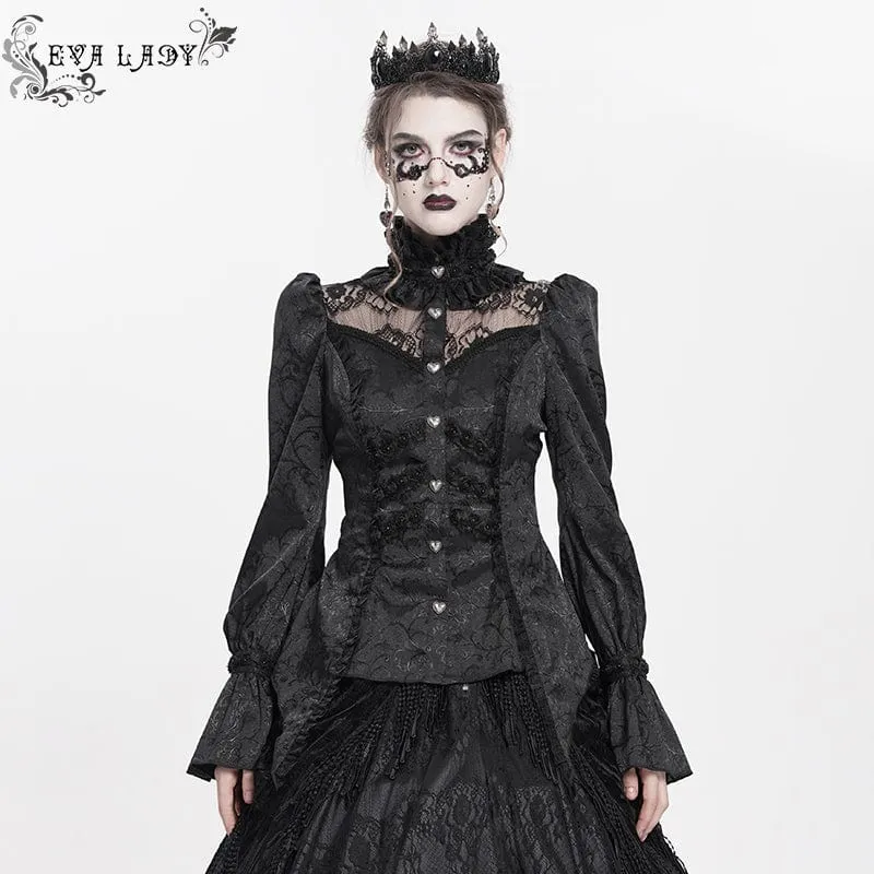 Gothic-Langarmhemd mit Jacquard-Spitze und Stehkragen für Damen